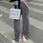 Cut Out Long-sleeve T-shirt / Plaid Wide Leg Pants