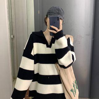 Striped Open-collar Sweater