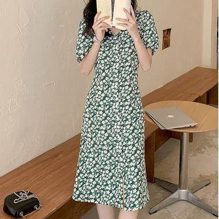 Short-sleeve V-neck Floral Print A-line Dress