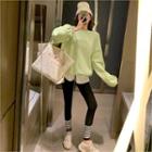 Set: Brushed Fleece Lined Sweatshirt + Stripe-trim Leggings Top - Neon Yellow - One Size / Leggings - Black - One Size