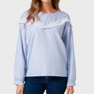 Fray Panel Pinstripe Long-sleeve Blouse