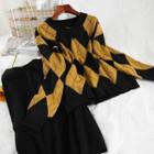 Set: Argyle Sweater + Knit Skirt Yellow - One Size