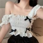 Cap-sleeve Ribbon-accent Tiered Chiffon Crop Top