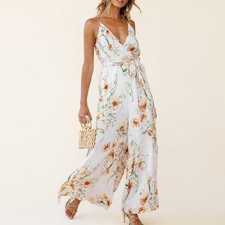 Floral Print V-neck Sleeveless Midi A-line Dress
