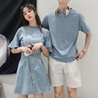 Couple Matching Striped Short-sleeve T-shirt / Short / Denim A-line Jumper Skirt