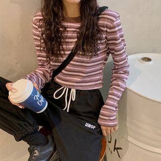 Long-sleeve Striped Cropped T-shirt / Gather-cuff Sweatpants