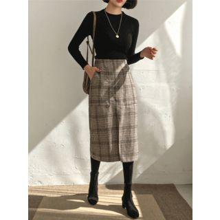 Glen-plaid H-line Midi Skirt