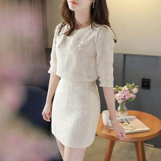 Set: Round-neck 3/4-sleeve Tweed Top + Mini Skirt