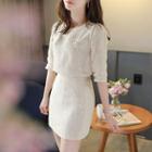Set: Round-neck 3/4-sleeve Tweed Top + Mini Skirt