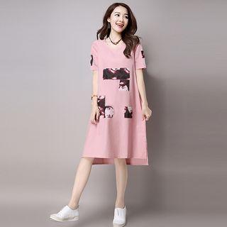 Applique Short-sleeve Midi T-shirt Dress