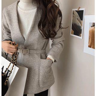 Collarless Herringbone Jacket With Belt