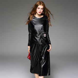Long-sleeve Faux-leather Embroidered Top