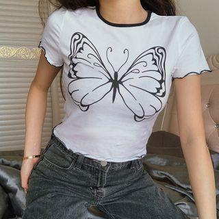 Lettering Print Lettuce Edge Short-sleeve Cropped T-shirt