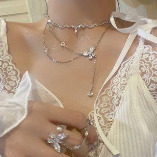 Rhinestone Butterfly Chain Double Ring / Fringed Earring / Necklace