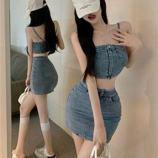 Set: Denim Cropped Camisole Top + Mini Pencil Skirt