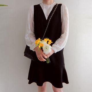 Lace-panel Color-block Ruffle-hem Dress