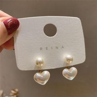 Faux Pearl Heart Double Studs 1 Pair - White - One Size