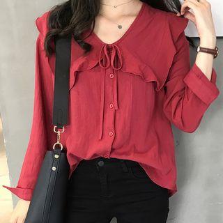 Long-sleeve Buttoned Ruffle Collar Blouse