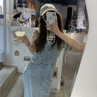 Short-sleeve Striped T-shirt / Denim Jumper Pants