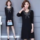 Bow Accent Mesh Panel Long Sleeve Dress