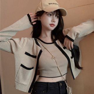 Contrast Trim Cardigan / Tank Top