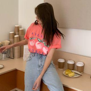 Short-sleeve Peach Print T-shirt As Shown In Figure - One Size