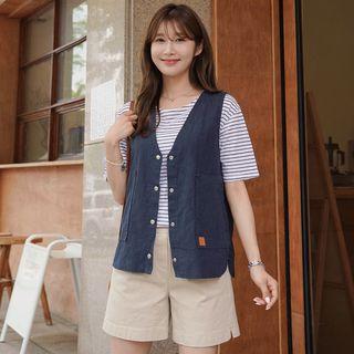 V-neck Patched-detail Linen Vest