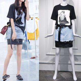 Short-sleeve Print T-shirt / Denim Panel Faux Leather Pencil Skirt / Belt
