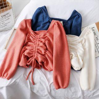 Bubble-sleeve Drawstring Crop Top