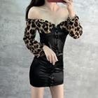Long-sleeve Off-shoulder Leopard Print Mini Bodycon Dress