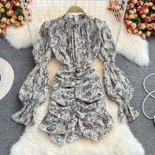 Long-sleeve Floral Mini Shirred Sheath Dress
