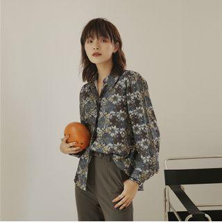 Flower Print Shirt Gray & Blue - One Size