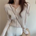 Plain V-neck Single-breasted Loose-fit Long-sleeve Cardigan