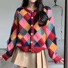 Round Neck Color Argyle Loose Fit Cardigan Argyle - Red & Yellow & Pink - One Size