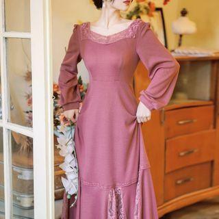Lace Trim Square Neck Long Sleeve Maxi Mermaid Dress