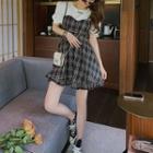 Set: Plaid Strappy A-line Dress + Short-sleeve T-shirt