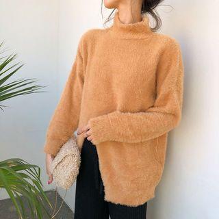 Mock-neck Slit-front Sweater