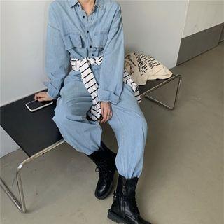 Long-sleeve Loose-fit Denim Jumpsuit As Figure - One Size