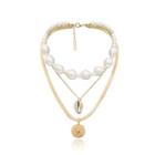 Faux Pearl Shell Disc Pendant Layered Choker Necklace 2464 - Gold - One Size