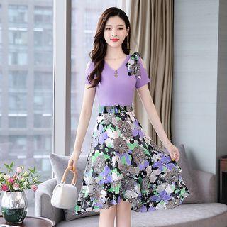 Short-sleeve Cold Shoulder Floral Paneled A-line Dress