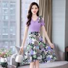 Short-sleeve Cold Shoulder Floral Paneled A-line Dress