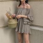 Elbow-sleeve Off Shoulder Ruffle Trim Playsuit
