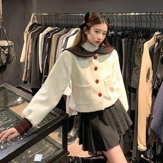 Lantern-sleeve Collared Single Breasted Coat / High-waist Pleated Skirt