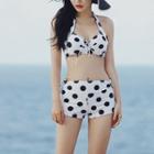 Set: Dotted Halter-neck Bikini Top + Swimshorts + Cover Up
