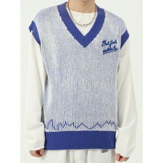 Letter Embroidered Striped Sweater Vest