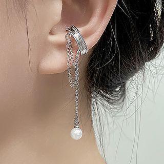 Faux Pearl Chained Alloy Cuff Earring 1pc - Right Ear - Silver - One Size