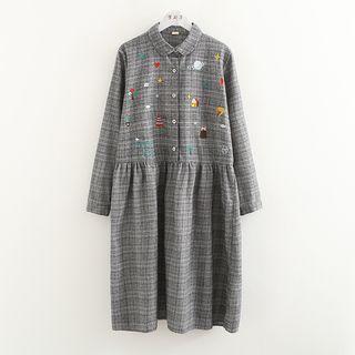 Embroidered Plaid Midi Shirt Dress