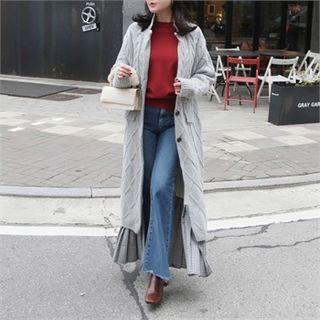 Pleated-hem Cable-knit Long Cardigan