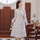 Long-sleeve Floral A-line Dress / Sweater Vest / Set