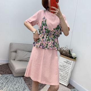 Set: Short-sleeve T-shirt Dress + Spaghetti Strap Top Light Blue - One Size